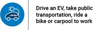 Drive an EV, take public transportation, ride a bike or carpool to work. Icon of a car with an electric plug.