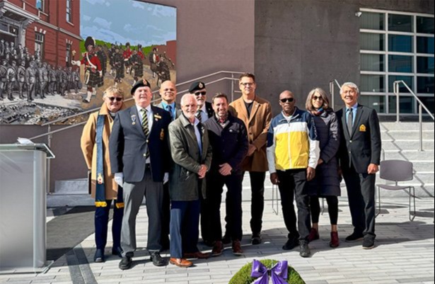 Mayor Adrian Foster, members of Clarington Council, members of the Royal Canadian Legion Branch 178 , and Jamil Jivani, Member of Parliament gather at Vetarans’ Square in Bowmanville to mark its official reopening.  