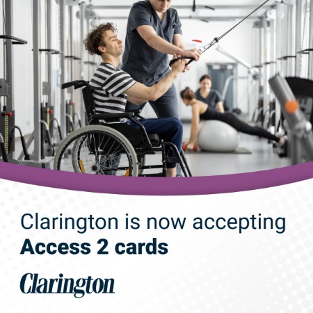 Image of a man in a wheelchair using fitness equipment with the help of a support person. Text: Clarington is now accepting Access 2 cards.