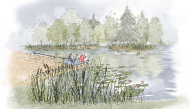 Rendering of a boardwalk trail through a wet meadow. People are drawn sitting on a blanket looking over the marsh.