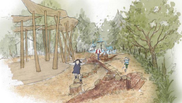 Rendering of a natural / adventure playground made of natural materials like tree stumps, logs and rocks. Children are drawn jumping from tree stump to tree stump and balancing on logs.