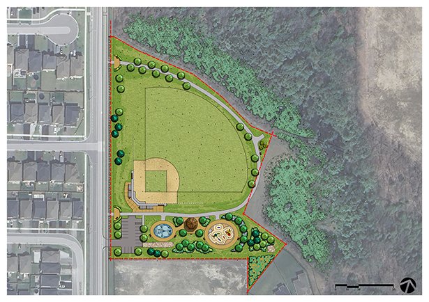 Bird's eye view of the park showing the baseball diamond, playground and splashpad from above