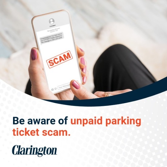 Be aware of unpaid parking ticket scam. Image of a cell phone with a text message and scam stamped over top.