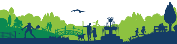 Graphic of a park background with silouhettes of people walking the dog, playing pickleball, children running, a couple sitting on a bench.