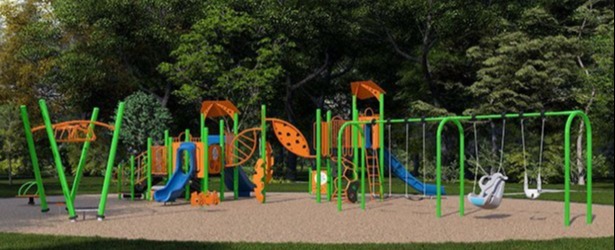 Rendering of a play structure with slides, swings and climbing equipment