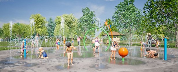 Rendering of chilren playing in the splashpad at the yet to be named park.