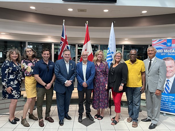 (Left to right) Mary-Anne Dempster, Chief Administrative Officer; Margaret Zwart, Councillor, Ward 4; Sami Elhajjeh, Councillor, Ward 1; Todd McCarthy, MPP for Durham; Clarington Mayor Adrian Foster; Kersti Pascoe, Supervisor of Community Programs – Recreation and Fitness; Lee-Ann Reck, Deputy CAO, Public Services Department; Granville Anderson, Regional Councillor, Wards 1 and 2; and Willie Woo, Regional Councillor, Wards 3 and 4.