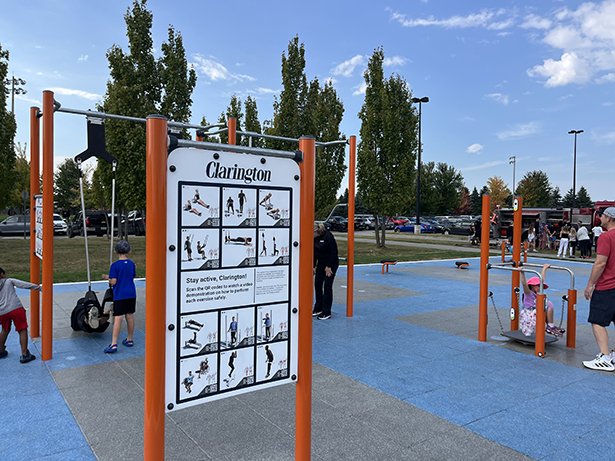 The all-new outdoor fitness area at South Courtice Arena is the first of its kind in Clarington, and was paid for in part by the Government of Canada's Healthy Communities Initaitive. 