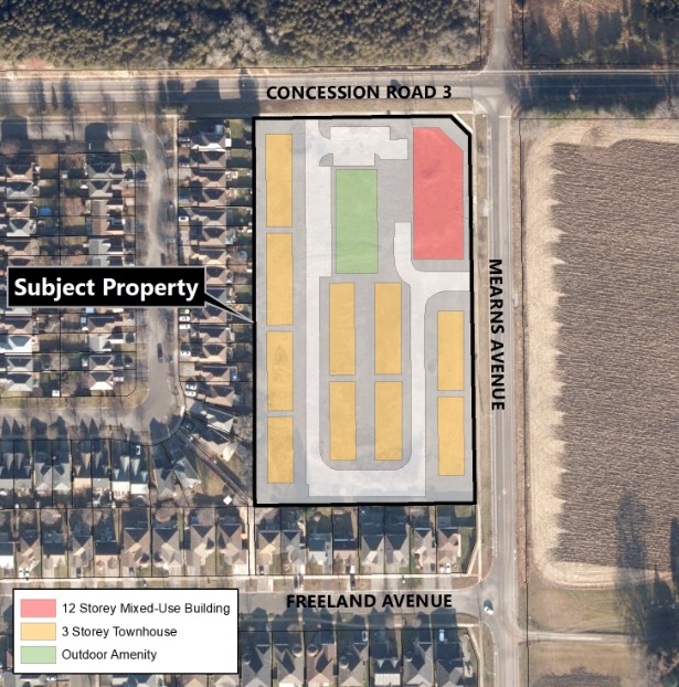 Map showing the proposed development area at Mearns Avenue and Concession 3