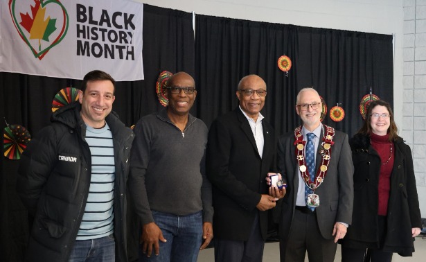 From left: Councillor Sami Elhajjeh, Councillor Granville Anderson, Mayor’s Challenge Coin recipient Hamlin Grange, Clarington Mayor Adrian Foster, and Councillor Traill.