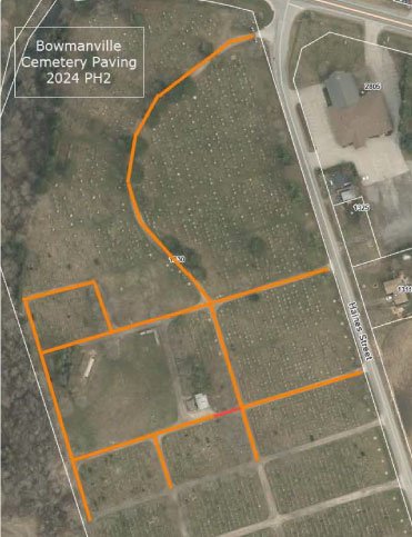 Map of road closures at Bowmanville Cemetery