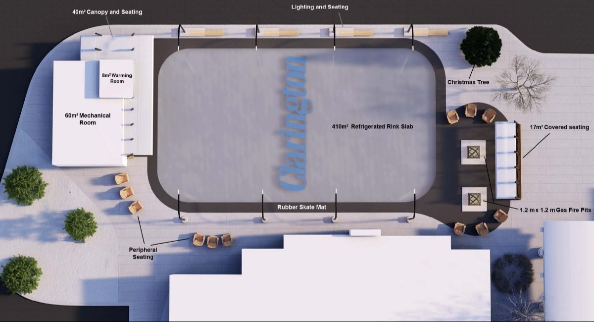  A rendering of Clarington's first outdoor refrigerated skating rink at Courtice Community Complex from above.