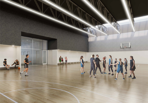 Rending of New indoor, fully accessible gym with two FIBA regulation basketball courts