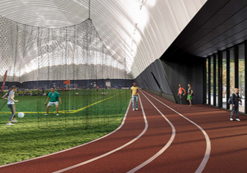 Rending of a FIFA-sized multi-sport dome with indoor walking track